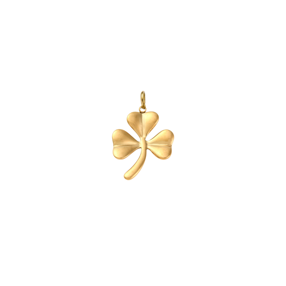 Gold shamrock charm featuring a polished three-leaf clover design on a white background.
