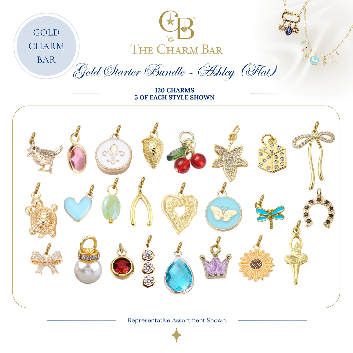 Representative assortment of 120 gold charm bar charms included in The Charm Bar Gold Starter Bundle – Ashley (Flat), featuring butterflies, hearts, gemstones, bows, cherries, dragonflies, flowers, crowns, sea turtles, wishbones, and other trendy charms for custom jewelry making.