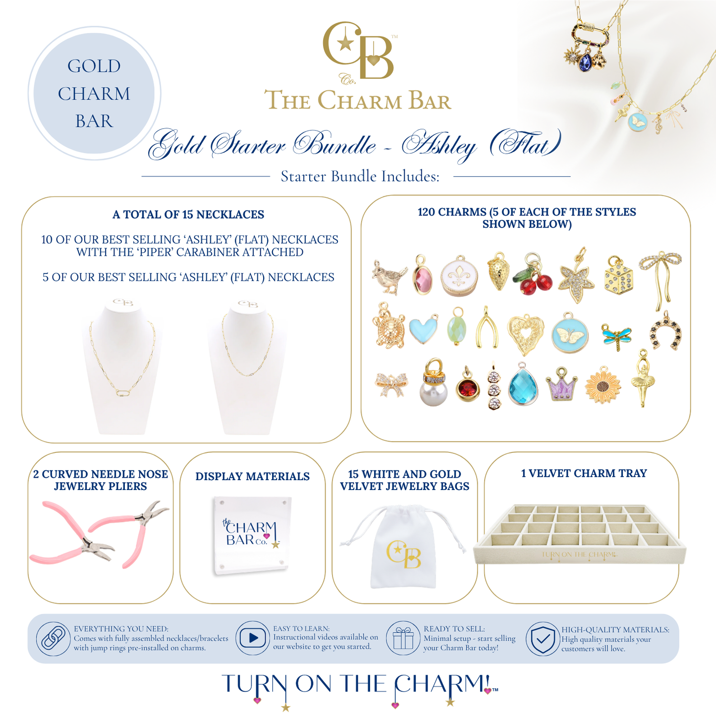 The Charm Bar Gold Starter Bundle – Ashley (Flat) includes 15 Ashley Flat gold necklaces, 120 assorted gold charms, jewelry pliers, display signage, 15 velvet jewelry bags, and a velvet charm tray for creating custom charm necklaces in boutiques, pop-up shops, and events.