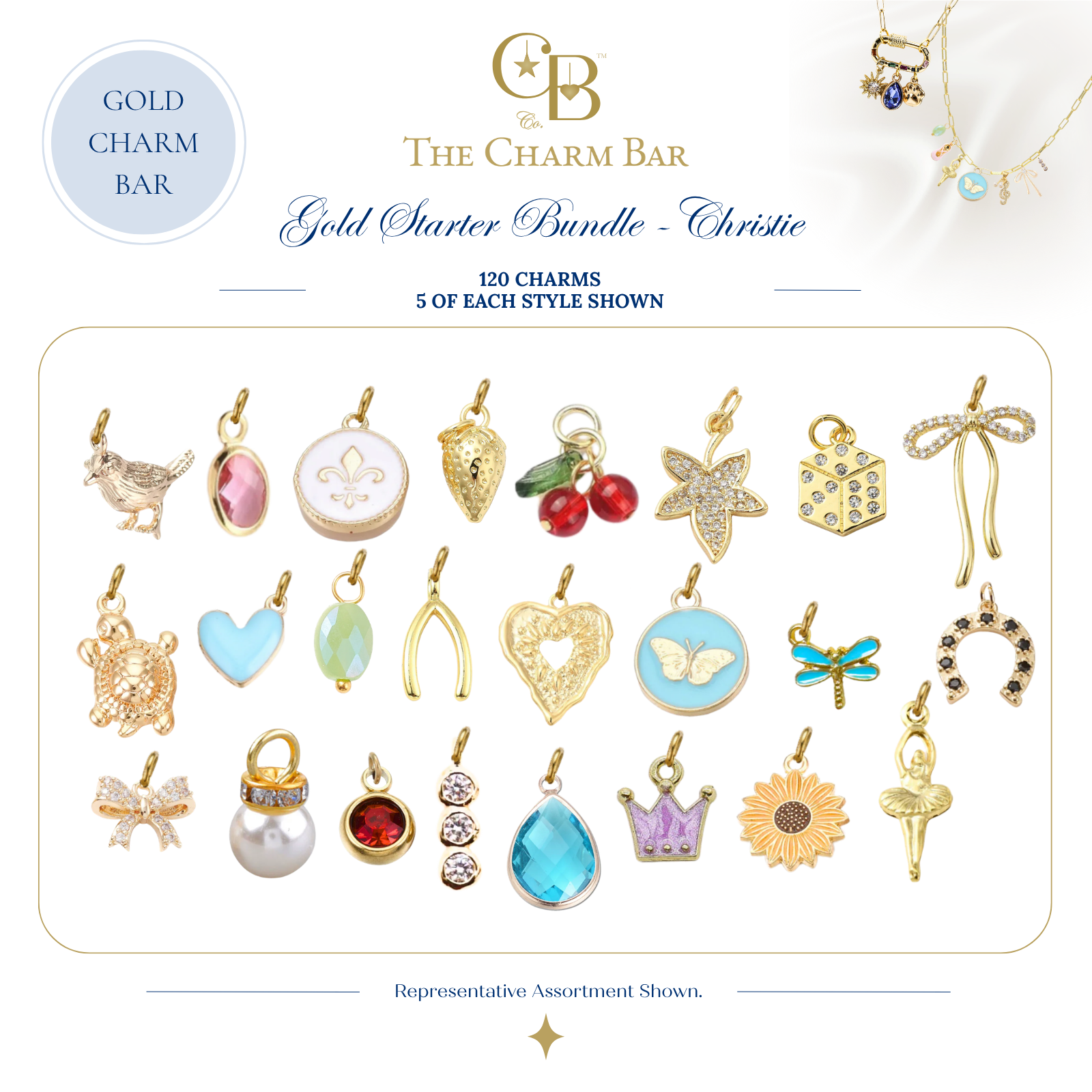 Representative assortment of 120 gold charm bar charms included in The Charm Bar Gold Starter Bundle – Christie, featuring butterflies, hearts, gemstones, bows, cherries, dragonflies, flowers, crowns, sea turtles, wishbones, and other trendy charms for custom charm jewelry.