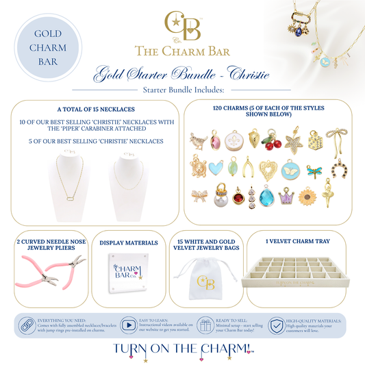 The Charm Bar Gold Starter Bundle – Christie includes 15 Christie gold necklaces, 120 assorted gold charms, jewelry pliers, display signage, 15 white and gold velvet jewelry bags, and a velvet charm tray for creating custom charm jewelry in boutiques, pop-up shops, and events.
