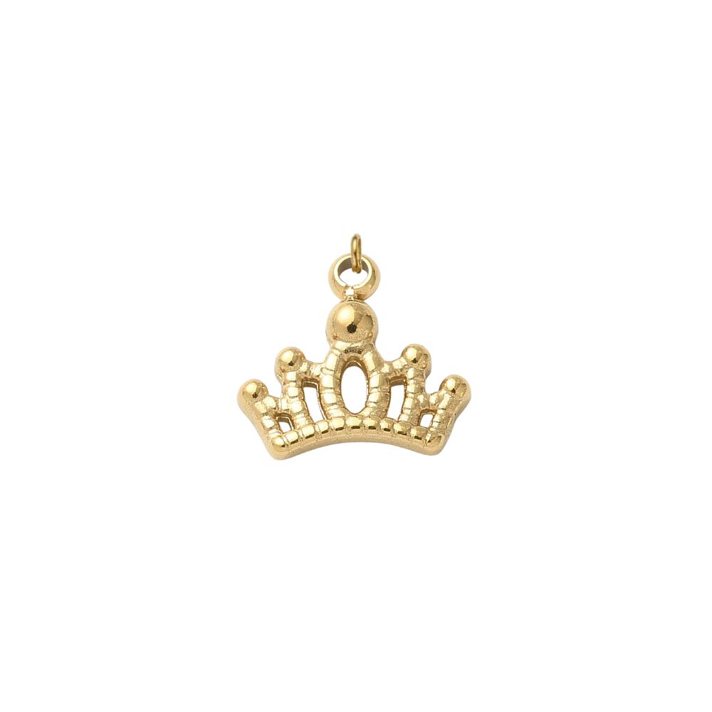 Gold tiara crown charm with an elegant openwork design on a white background.