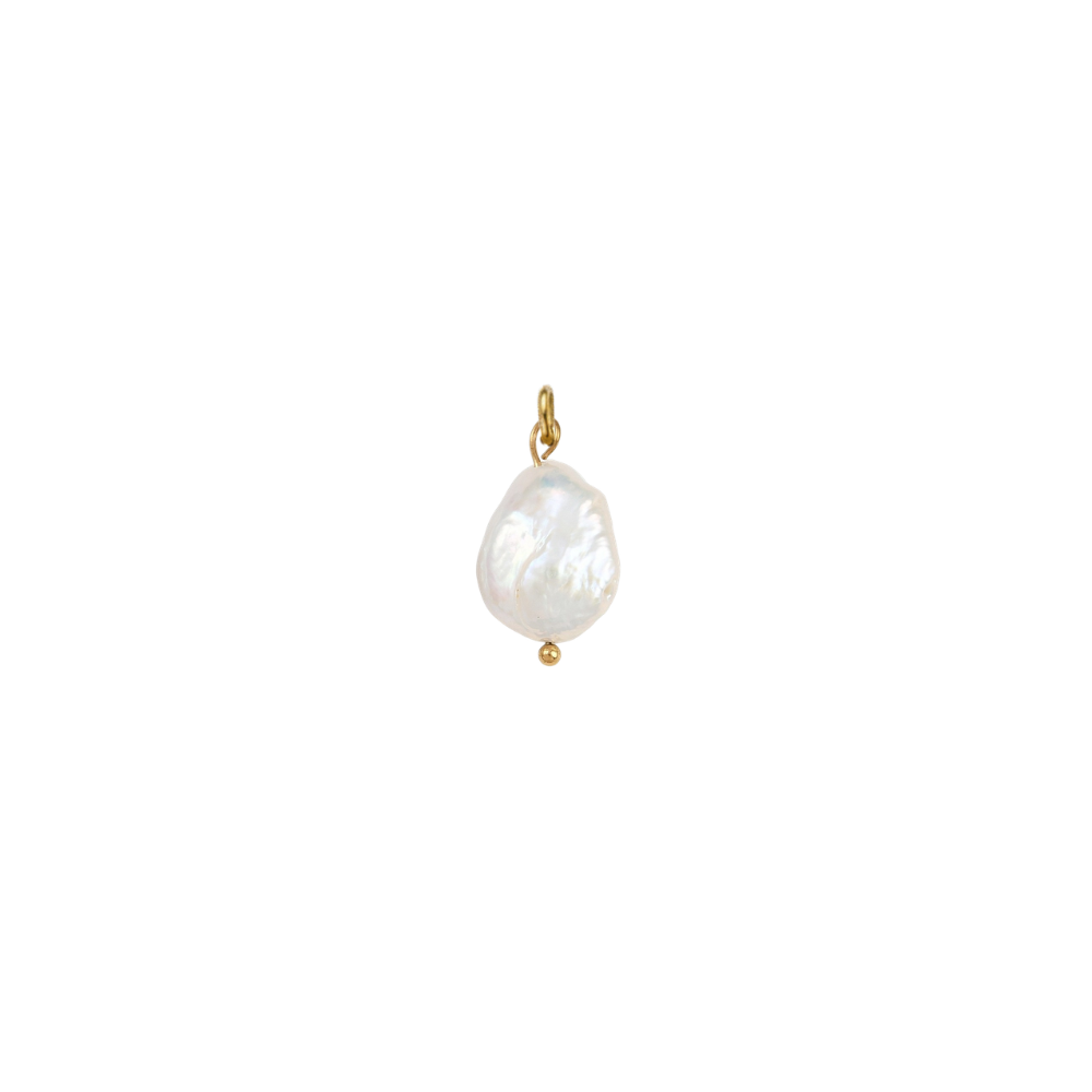 Gold charm featuring a pearl drop on a transparent background.