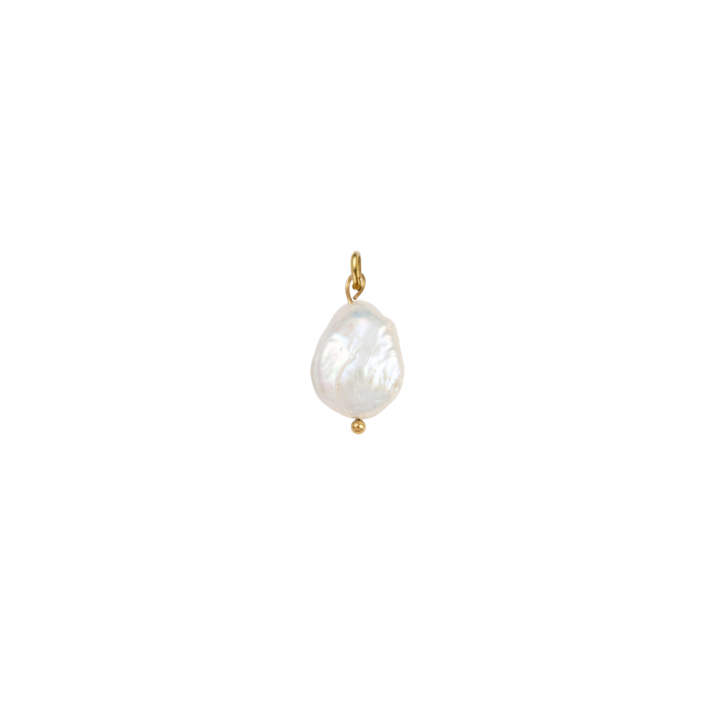 Gold charm featuring a pearl drop on a white background