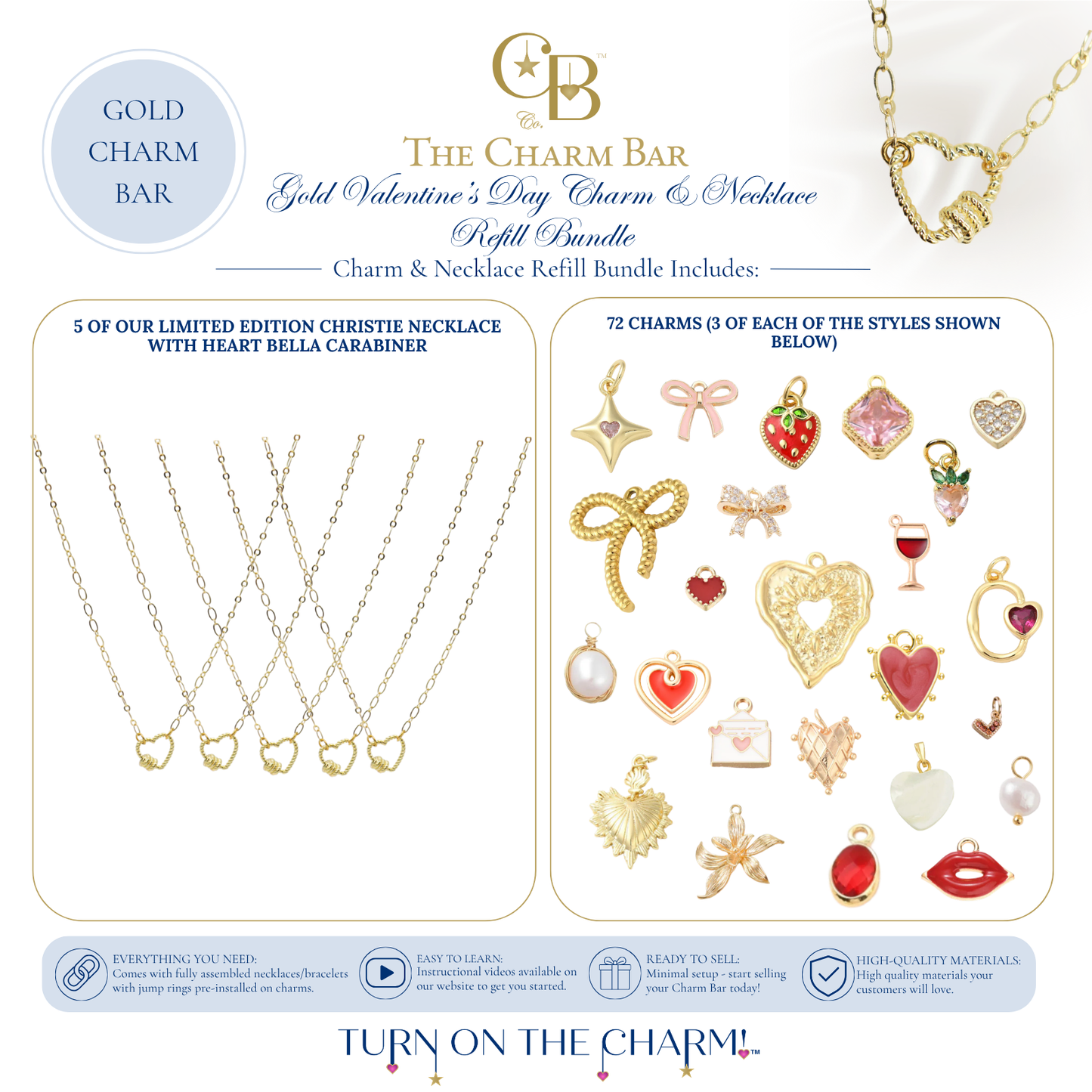 Gold Valentine's Day Charm & Necklace Refill Bundle by The Charm Bar Company featuring five limited edition Christie necklaces with heart Bella carabiners and a refill assortment of 72 Valentine's-inspired 18K gold plated charms, including hearts, bows, strawberries, envelopes, lips, florals, gemstones, pearl accents, and romantic motifs for creating custom charm necklaces.