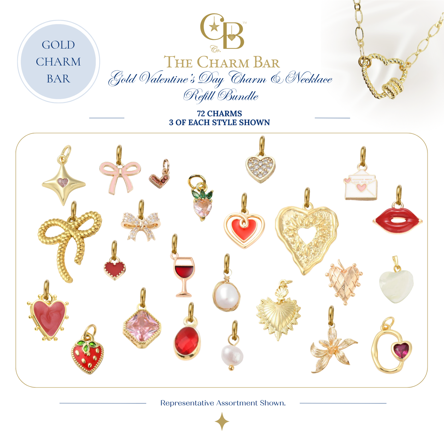 Representative assortment of 72 Valentine's Day charms included in The Charm Bar Gold Valentine's Day Charm & Necklace Refill Bundle, featuring heart, bow, strawberry, envelope, lips, pearl, gemstone, floral, ribbon, and romantic 18K gold plated charms for creating custom Valentine's charm necklaces.