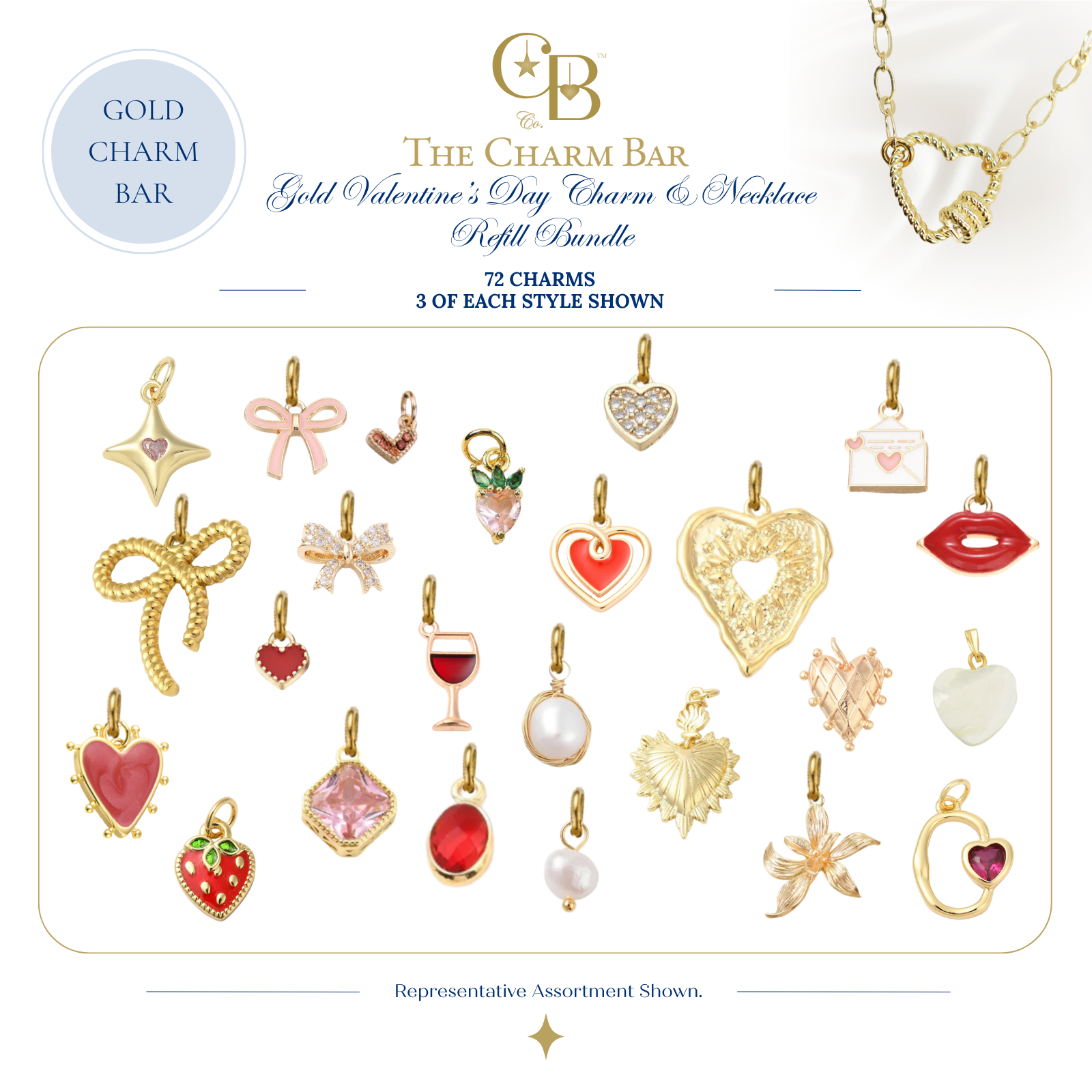 Representative assortment of 72 Valentine's Day charms included in The Charm Bar Gold Valentine's Day Charm & Necklace Refill Bundle, featuring heart, bow, strawberry, envelope, lips, pearl, gemstone, floral, ribbon, and romantic 18K gold plated charms for creating custom Valentine's charm necklaces.