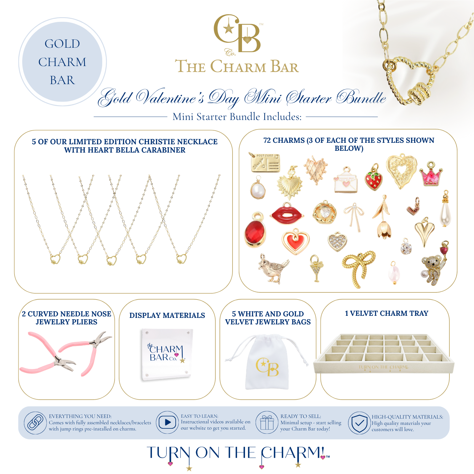 Gold Valentine's Day Mini Starter Bundle featuring five limited edition Christie necklaces with heart Bella carabiners, 72 Valentine's-inspired waterproof gold charms, jewelry pliers, velvet display tray, and branded jewelry bags for creating custom charm necklaces and bracelets.