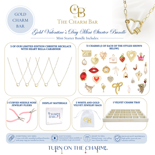 Gold Valentine's Day Mini Starter Bundle featuring five limited edition Christie necklaces with heart Bella carabiners, 72 Valentine's-inspired waterproof gold charms, jewelry pliers, velvet display tray, and branded jewelry bags for creating custom charm necklaces and bracelets.