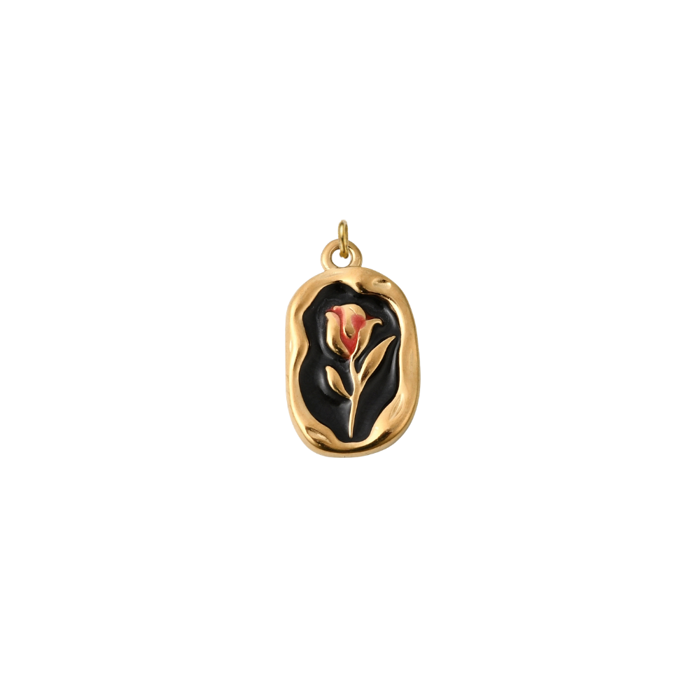 Gold vintage rose rectangular charm featuring a red rose design on a black enamel background with an organic textured gold border, displayed on a transparent background.
