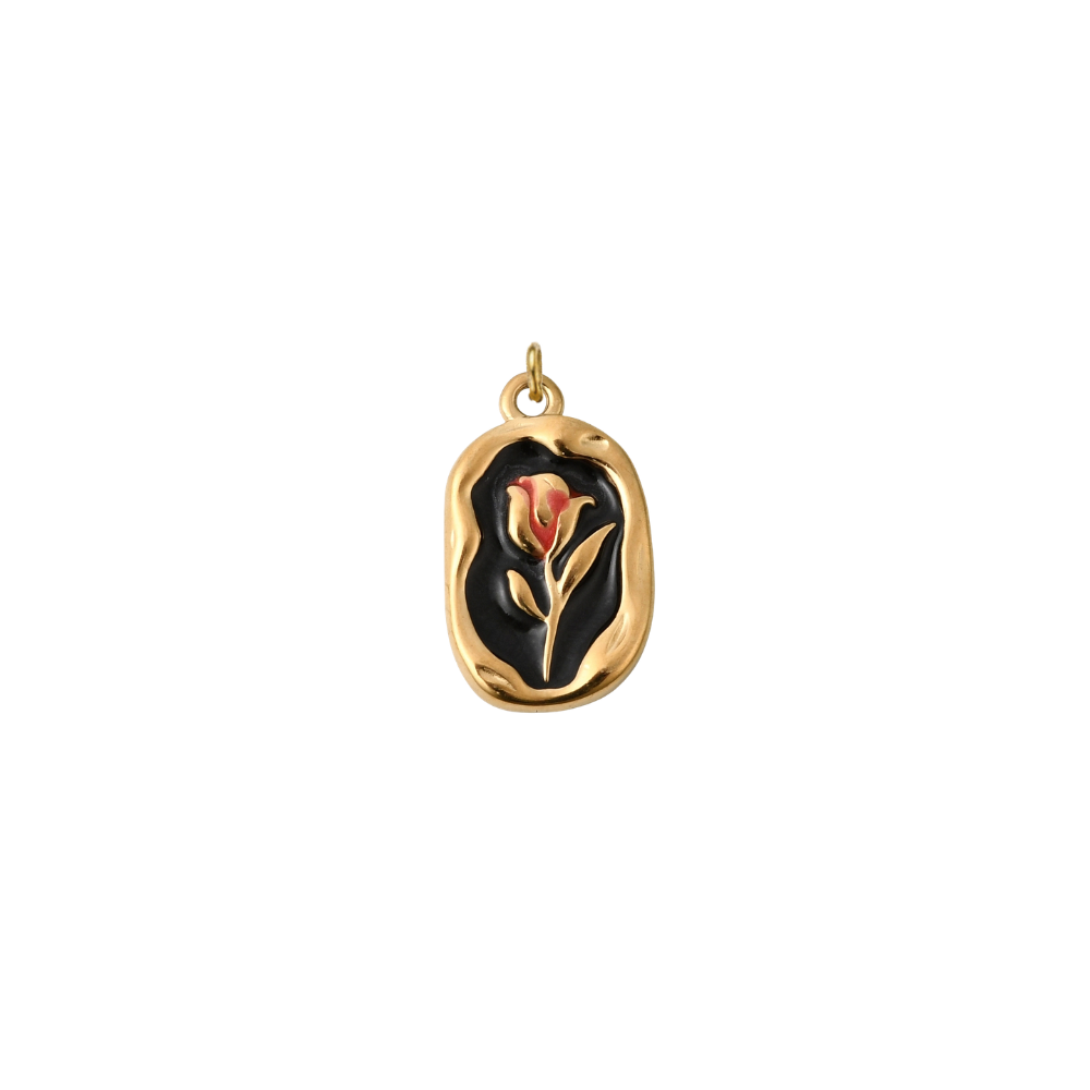 Gold vintage rose rectangular charm featuring a red rose design on a black enamel background with an organic textured gold border, displayed on a white background.