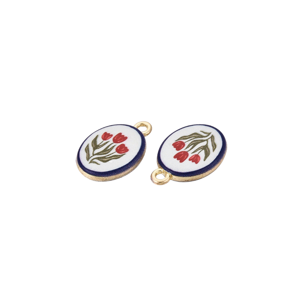 Gold vintage tulip charm side view featuring red tulip illustration with navy border on a white background