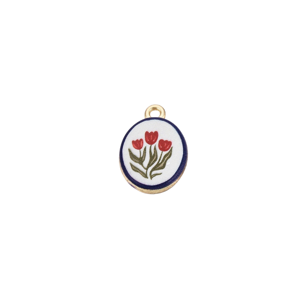 Gold vintage tulip charm featuring red tulip illustration with navy border on a white background