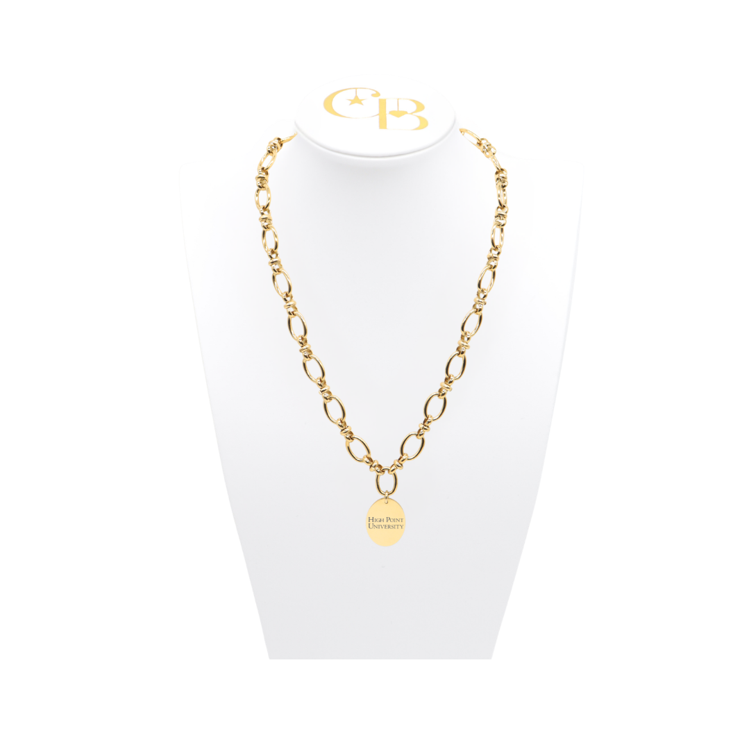High Point University gold large link evermore necklace with large oval charm with high point university horizontal text on white necklace bust front

