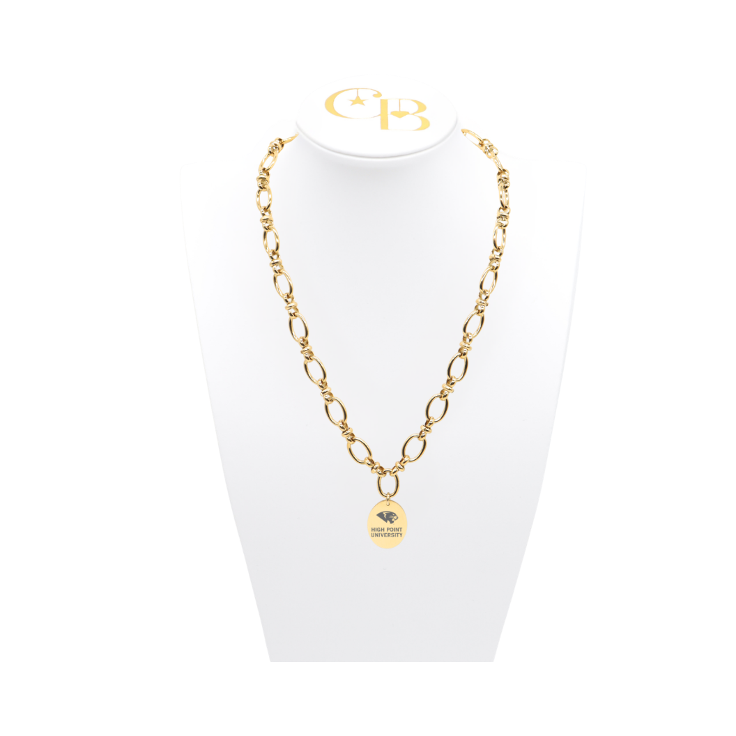 High Point University gold large link evermore necklace with large oval charm with high point university text and hpu logo on white necklace bust front
