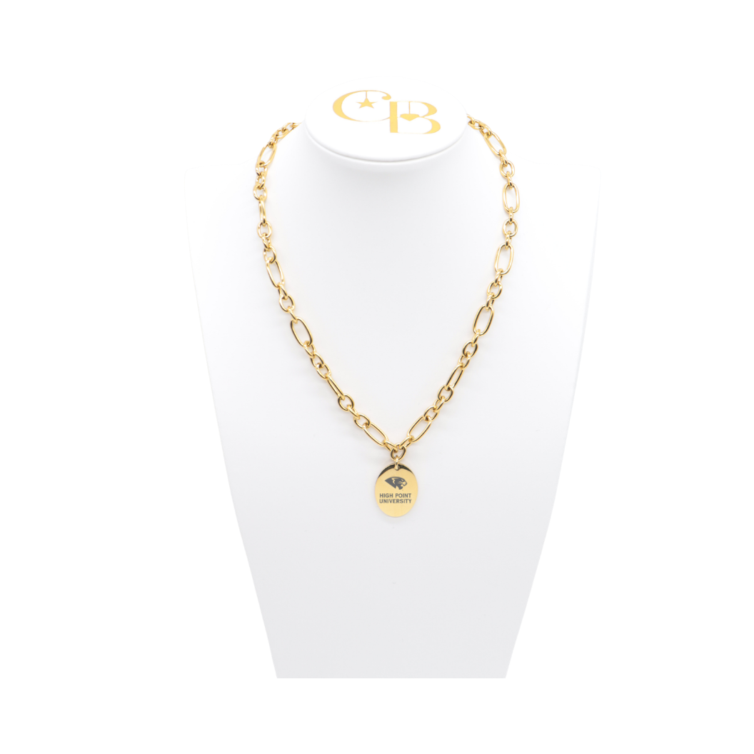 High Point University gold large link Keepsake Necklace with large oval charm with high point university text and hpu logo on white bust front view

