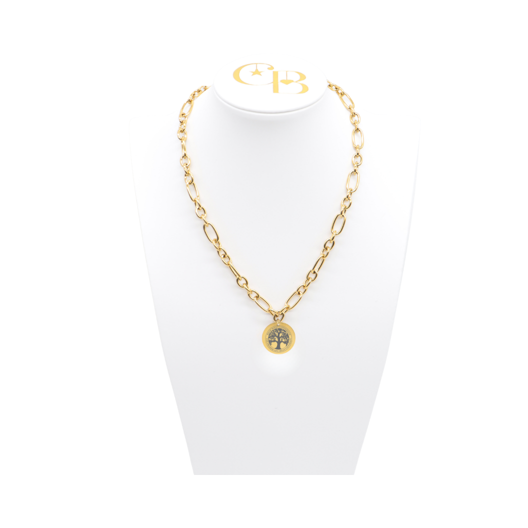 High Point University gold large link Keepsake Necklace with large round charm with high point university life skills tree on white bust front view
