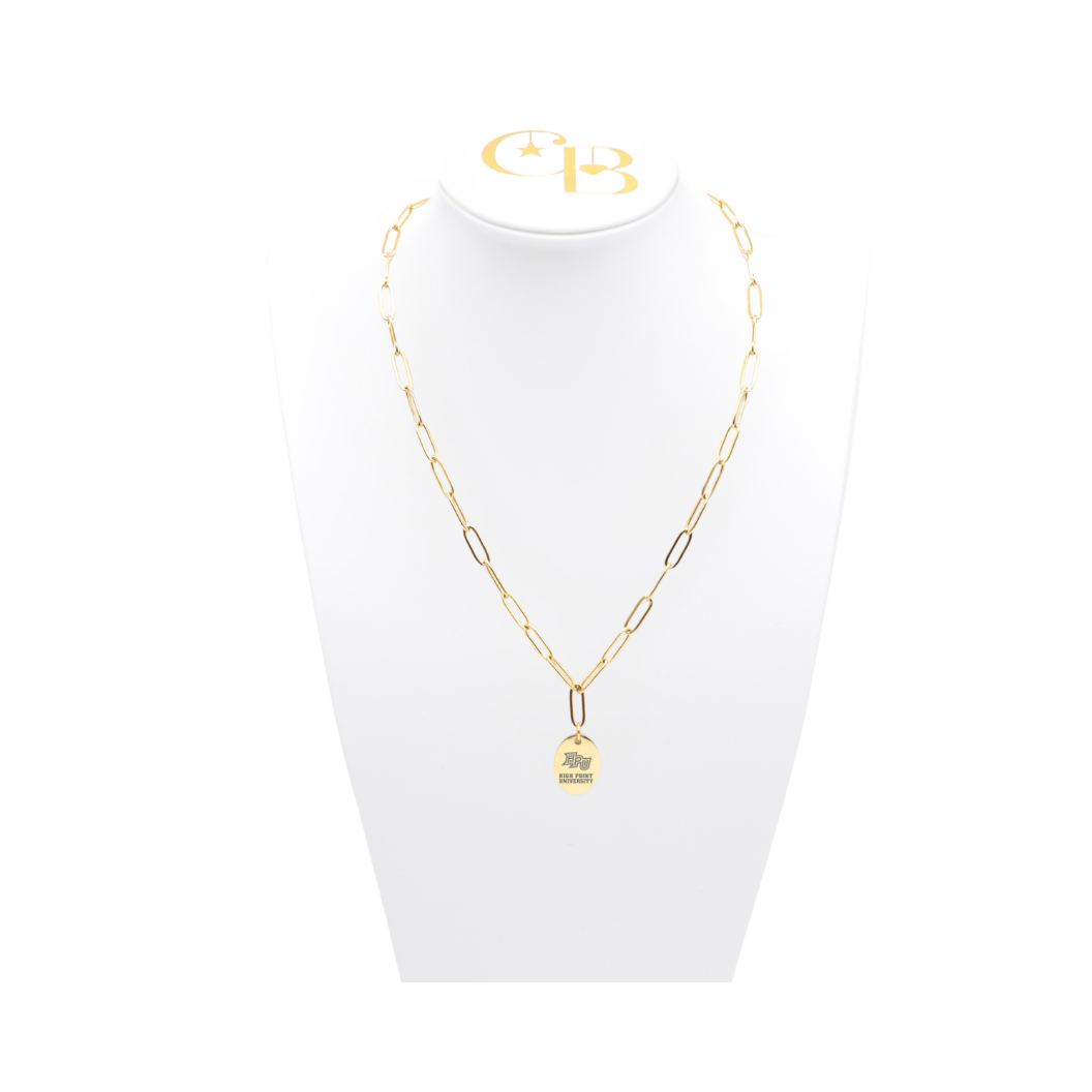 High Point University gold link storyline necklace with small oval charm with high point university text and hpu logo on white bust front view
