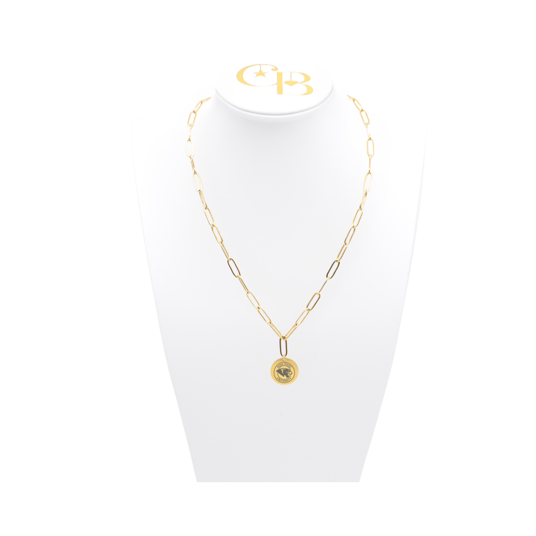 High Point University gold link storyline necklace with small round charm with high point university text and panther logo on white bust front view

