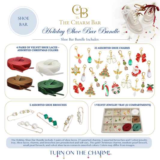 Holiday Shoe Bar Bundle by The Charm Bar Company featuring four pairs of Christmas-colored velvet shoe laces, 22 assorted holiday shoe charms including Christmas trees, bows, Santa, candy canes, wreaths, ornaments, angels, and gift boxes, five decorative shoe brooches, and a 12-compartment velvet jewelry tray for organizing shoe accessories. Perfect for creating festive custom holiday sneakers and shoe bar displays.