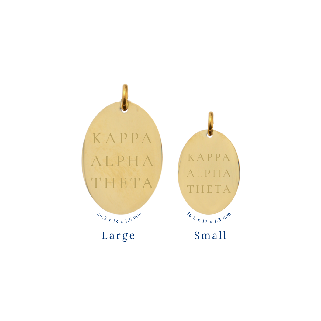 Kappa Alpha Theta gold large oval charm and small oval charm comparison with full sorority name front view