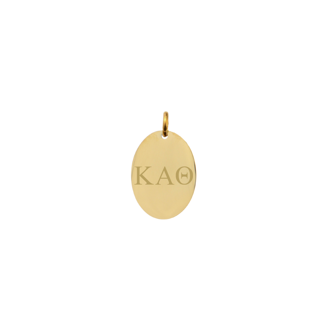 Kappa Alpha Theta gold large oval charm with horizontal greek letters front view