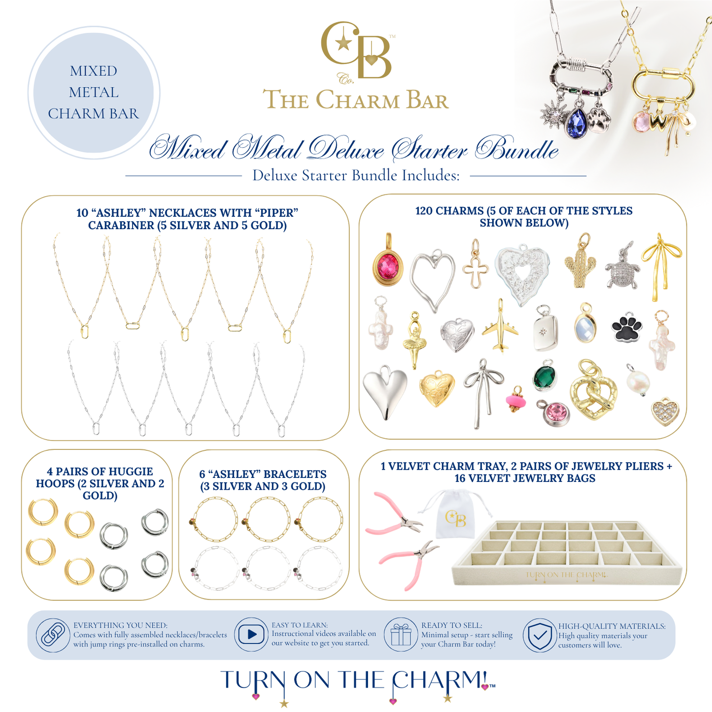 Mixed Metal Deluxe Starter Bundle for a waterproof charm bar featuring gold and silver Ashley necklaces with Piper carabiners, mixed metal charm assortment, bracelets, huggie hoops, jewelry pliers, velvet display tray, and branded jewelry bags for boutique charm bar setups.