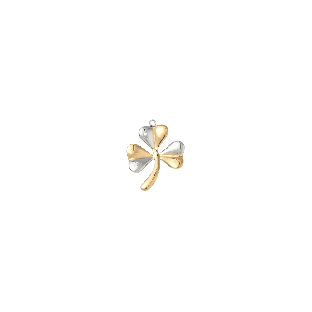 Mixed metal shamrock charm featuring alternating gold and silver leaves displayed on a white background.