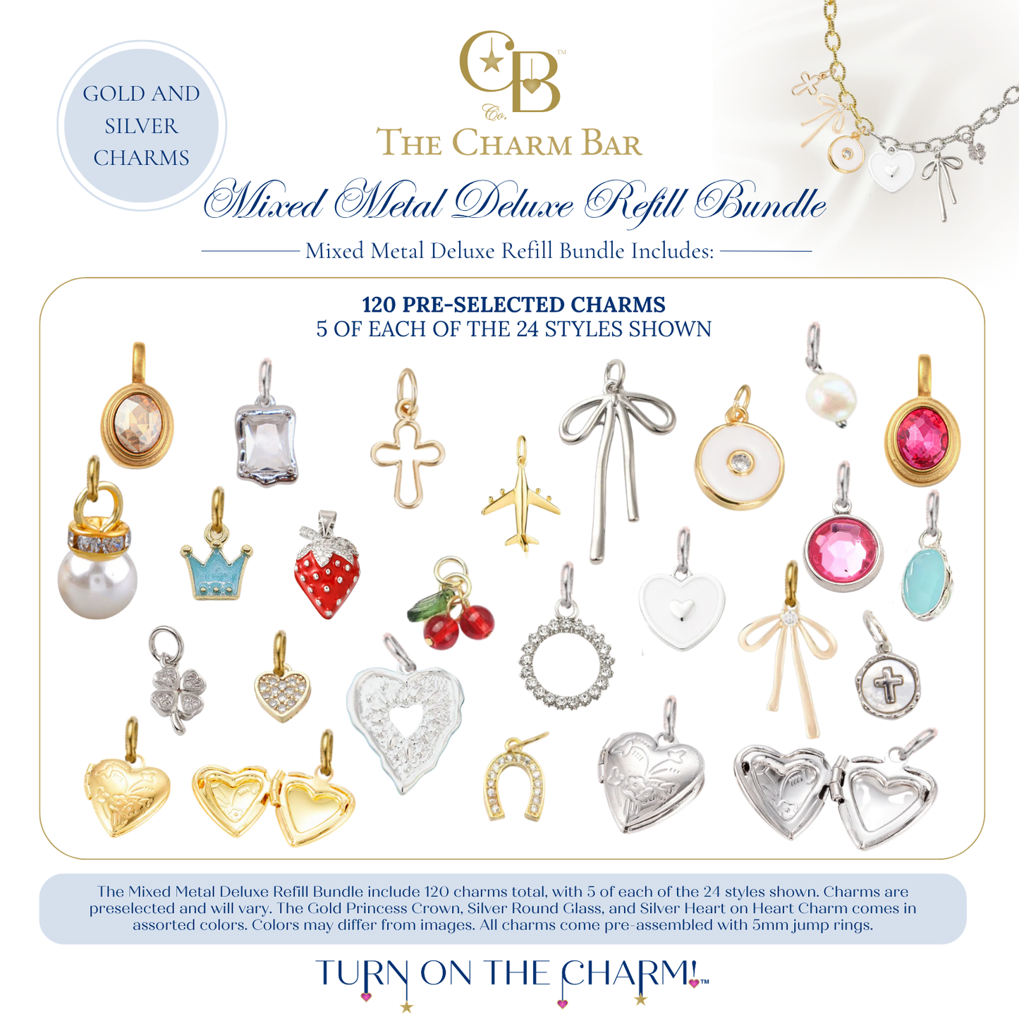 The Charm Bar Mixed Metal Deluxe Refill Bundle featuring 120 pre-selected interchangeable charms in gold and silver finishes, including crosses, bows, airplanes, gemstones, pearls, cherries, strawberries, hearts, lockets, horseshoes, crowns, and everyday designs for creating custom charm necklaces and bracelets.