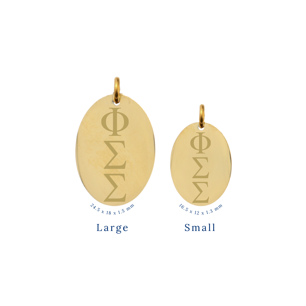 Phi Sigma Sigma gold large oval charm and small oval charm comparison with vertical/stacked greek letters front view