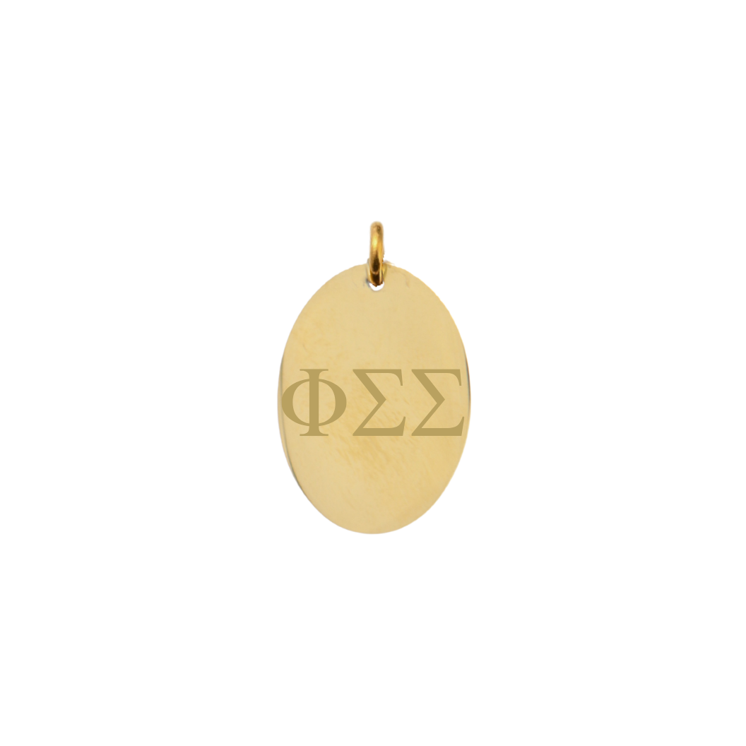 Phi Sigma Sigma gold large oval charm with horizontal greek letters front view