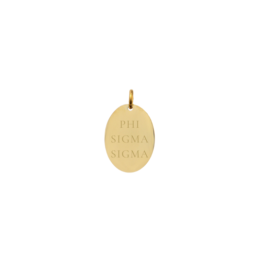 Phi Sigma Sigma gold small oval charm with full sorority name front view