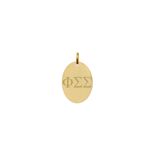 Phi Sigma Sigma gold small oval charm with horizontal greek letters front view