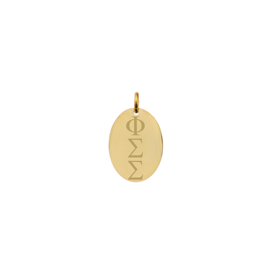 Phi Sigma Sigma gold small oval charm with vertical/stacked greek letters front view