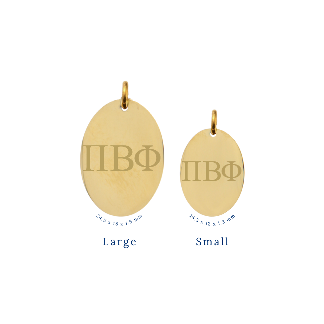 Pi Beta Phi gold large oval charm and small oval charm comparison with horizontal greek letters front view