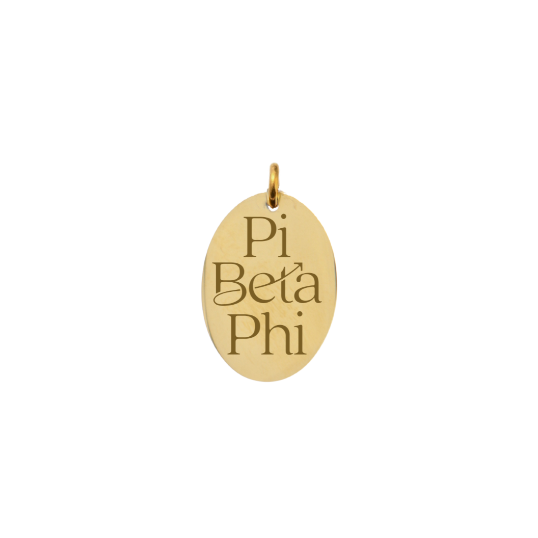 Pi Beta Phi gold large oval charm with new stacked logo front view