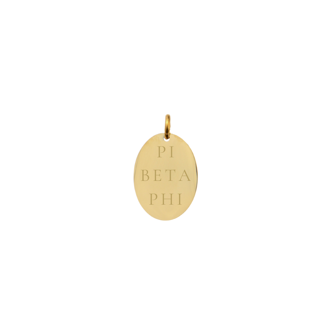 Pi Beta Phi gold small oval charm with full sorority name front view