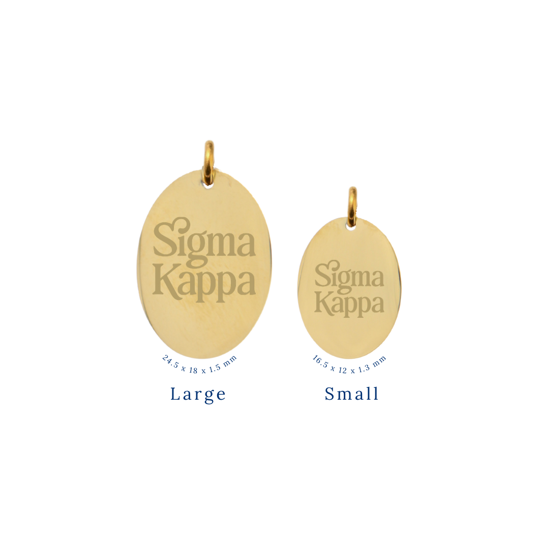 Sigma Kappa gold large oval charm and small oval charm comparison with stacked logo front view