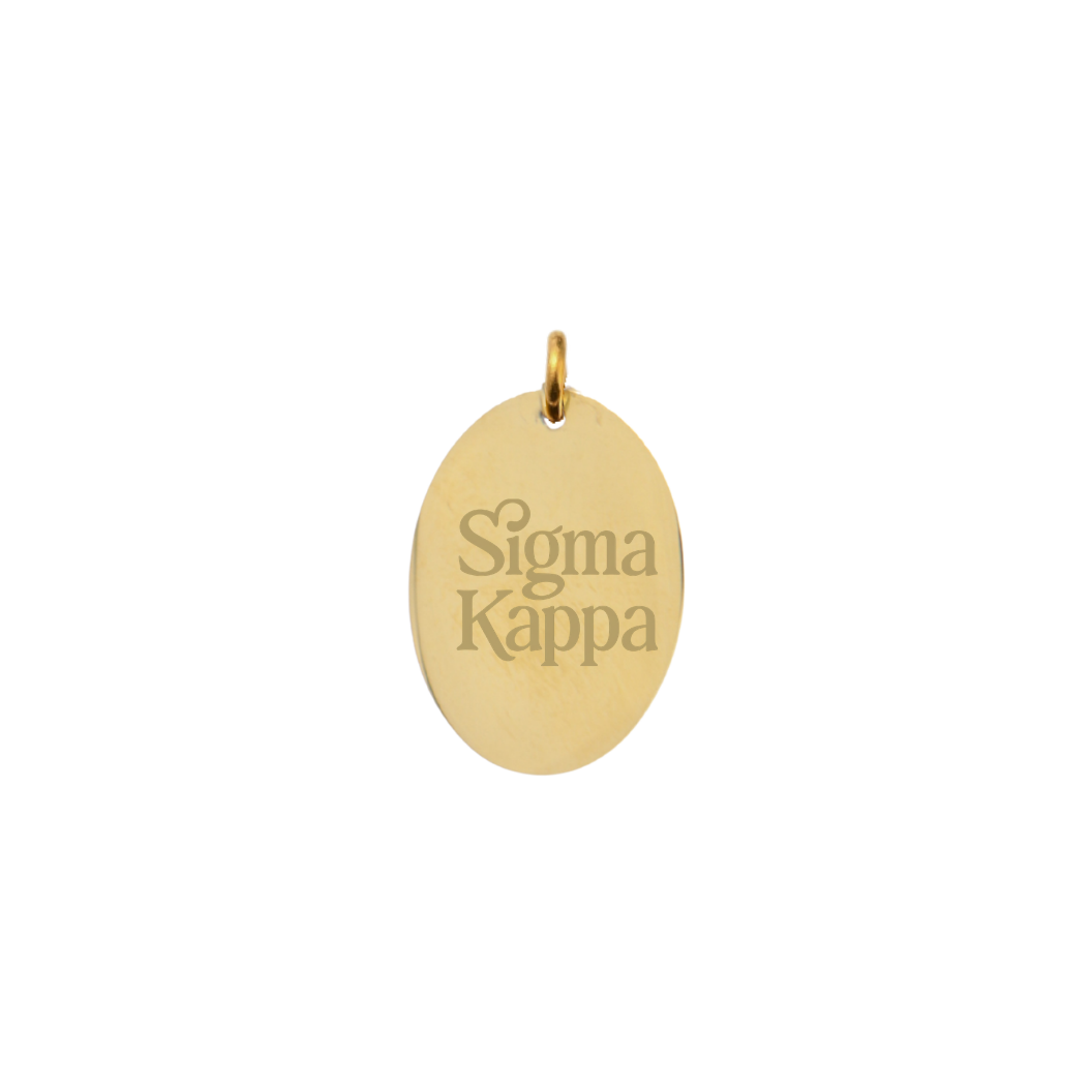 Sigma Kappa gold large oval charm with stacked logo front view