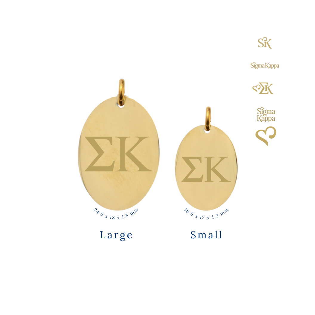 Sigma Kappa gold large oval charm and small oval charm comparison with horizontal greek letters front view