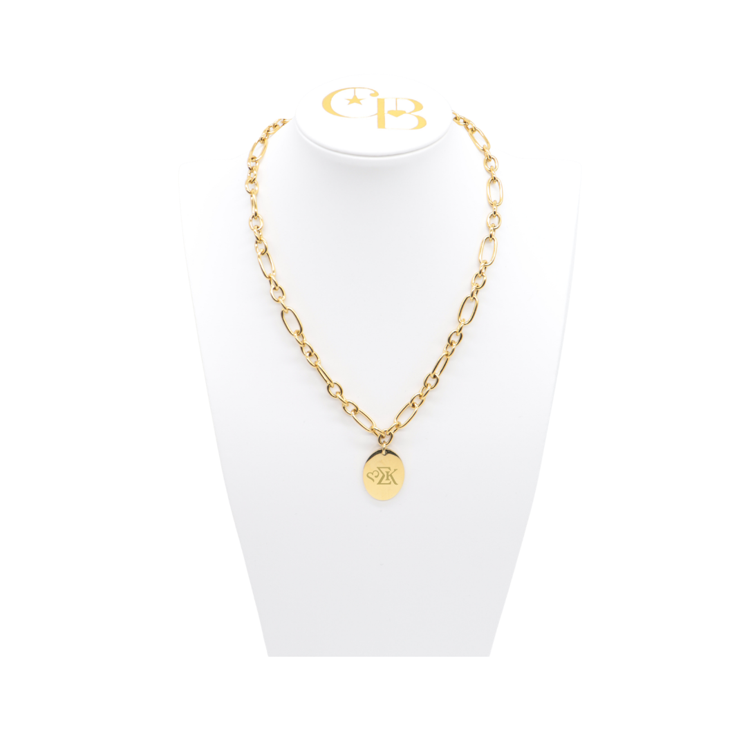 Sigma Kappa gold large link Keepsake Necklace with large oval charm with greek letter icon on white bust front view