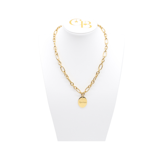 Sigma Kappa gold large link Keepsake Necklace with large oval charm with primary logo on white bust front view