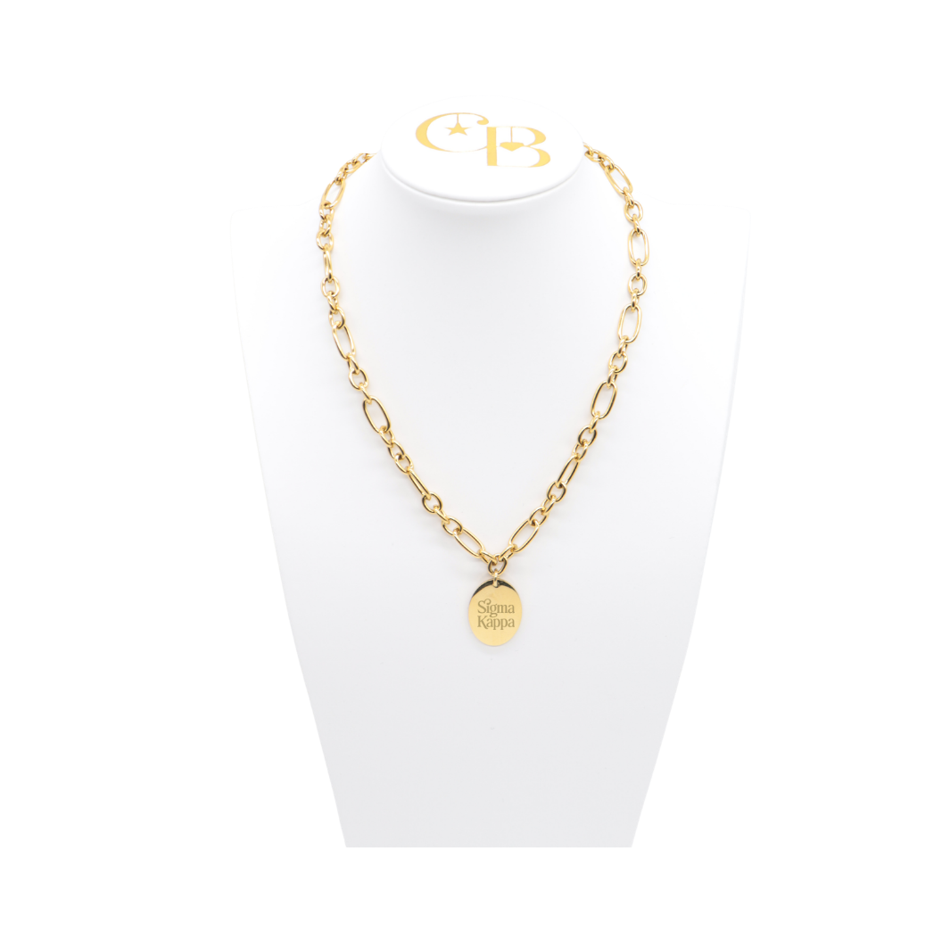 Sigma Kappa gold large link Keepsake Necklace with stacked logo on white bust front view