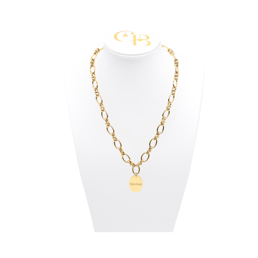 Sigma Kappa gold large link evermore necklace with large oval charm with primary logo on white necklace bust front