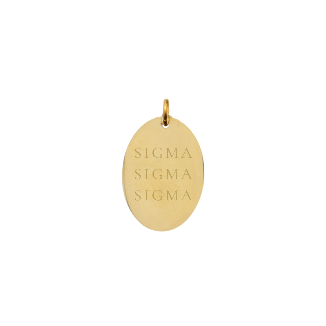 Sigma Sigma Sigma gold large oval charm with full sorority name front view

