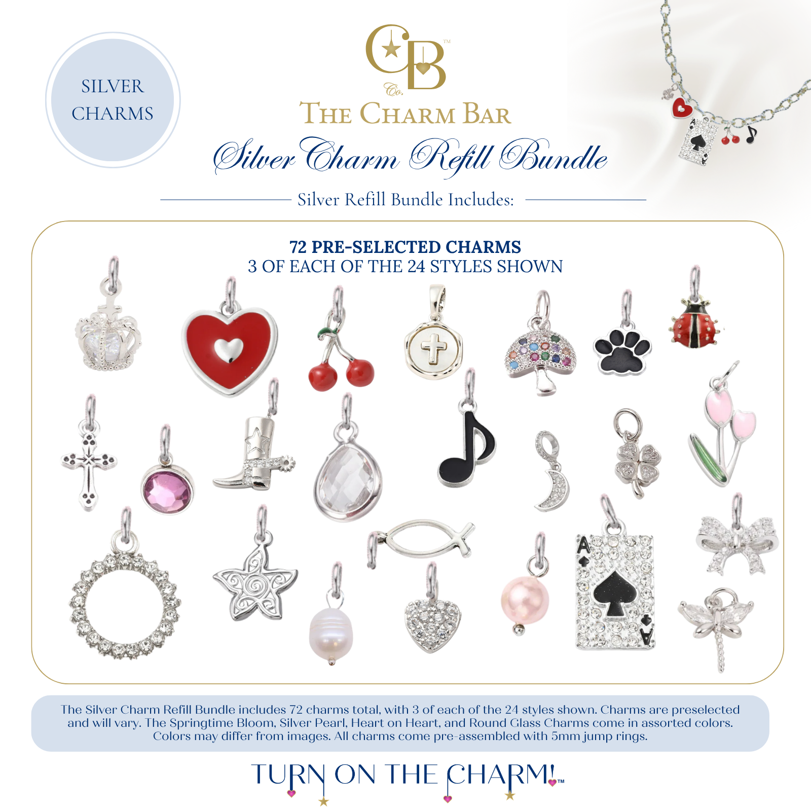 The Charm Bar Silver Charm Refill Bundle featuring 72 pre-selected silver charms with three of each style. Includes hearts, cherries, crowns, crosses, mushrooms, paw prints, ladybugs, cowboy boots, tulips, dragonflies, music notes, stars, pearls, fish, moon, clovers, butterflies, gemstones, playing cards, and sparkling charms for creating custom charm necklaces and bracelets.