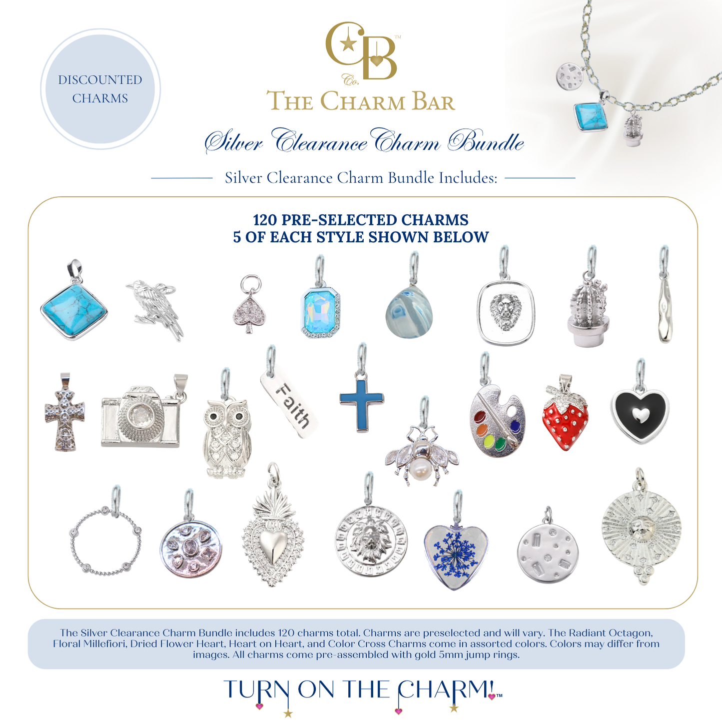 The Charm Bar Silver Clearance Charm Bundle featuring 120 pre-selected silver charms with five of each style. Includes assorted discounted charms such as turquoise stones, birds, lions, cacti, crosses, cameras, owls, bees, strawberries, artist palettes, hearts, crosses, religious charms, floral and celestial designs, snowflakes, sun medallions, gemstones, and statement pieces for creating custom charm necklaces and bracelets.