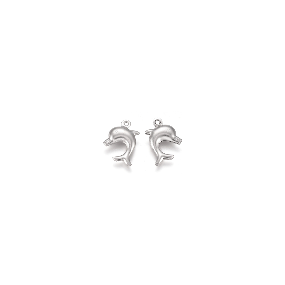 Silver dolphin charm with a polished finished and pre-installed silver jump ring on a white background.