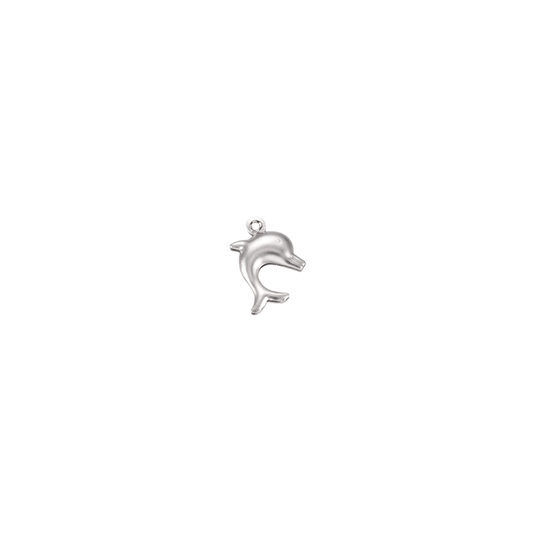 Silver dolphin charm on a white background, featuring a polished dolphin design with a pre-installed silver jump ring.