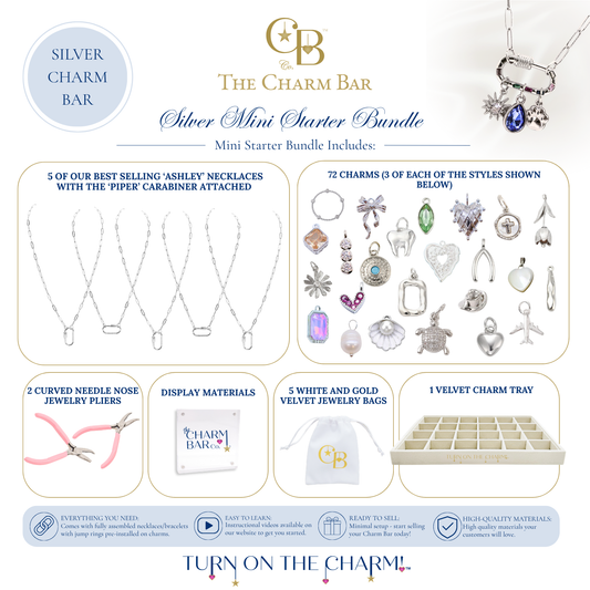Silver Mini Starter Bundle for a charm bar business featuring five Ashley necklaces with Piper carabiners, 72 assorted silver charms, jewelry pliers, display sign, velvet jewelry bags, and a velvet charm tray for creating custom charm necklaces and bracelets.